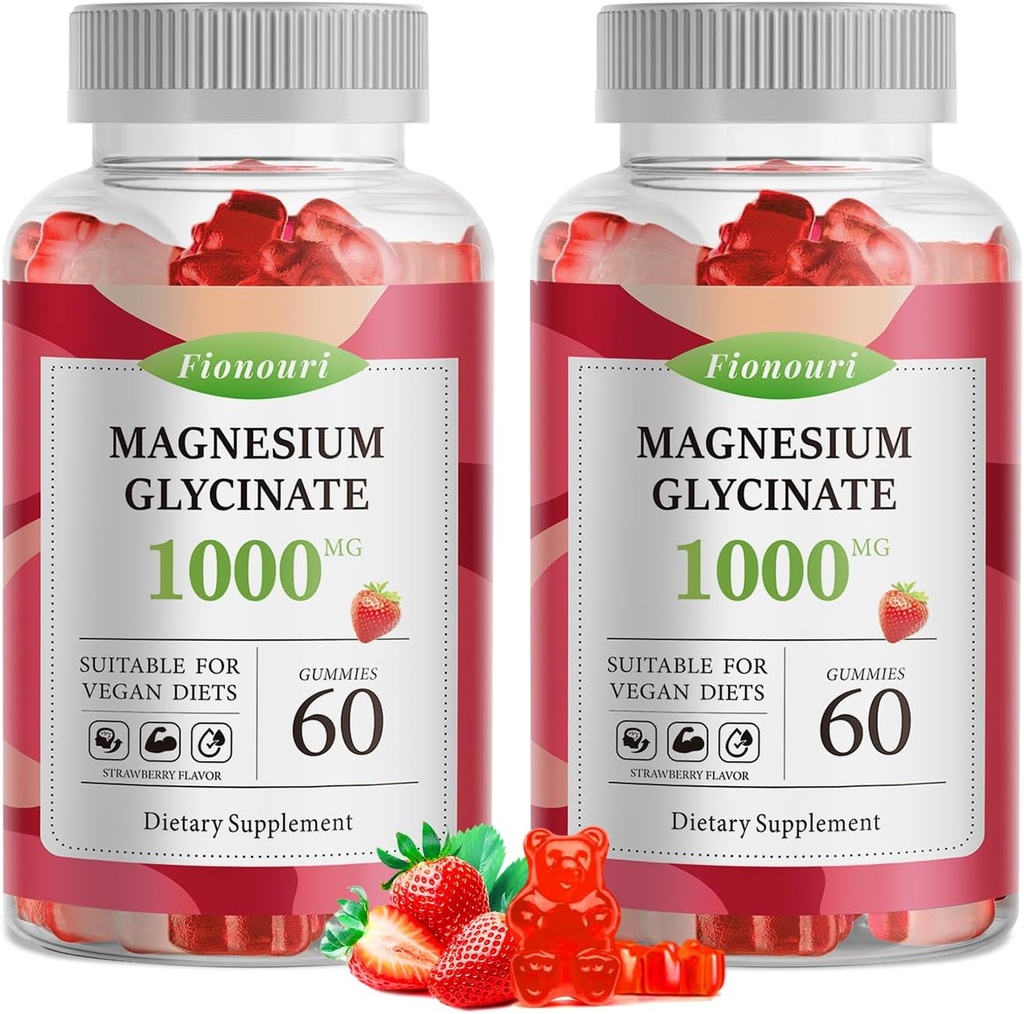Magnesium Glycinate Gummies 1000mg - for Adults Magnesium Potassium Supplement with Vitamin D, B6, CoQ10 for Calm Mood & Sleep Support - 120 Strawberry Flavor-2 Pack