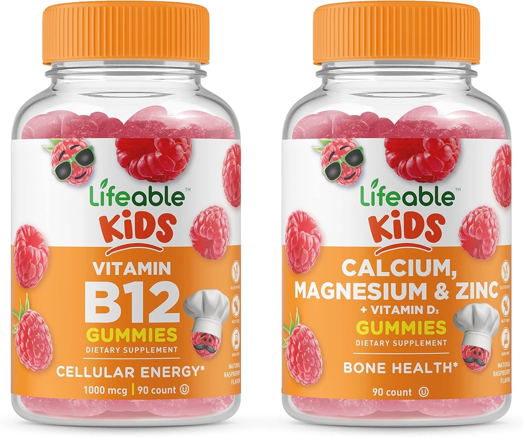Lifeable Vitamin B12 Kids + Calcium Magnesium & Zinc Kids, Gummies Bundle - Great Tasting, Vitamin Supplement, Gluten Free, GMO Free, Chewable Gummy