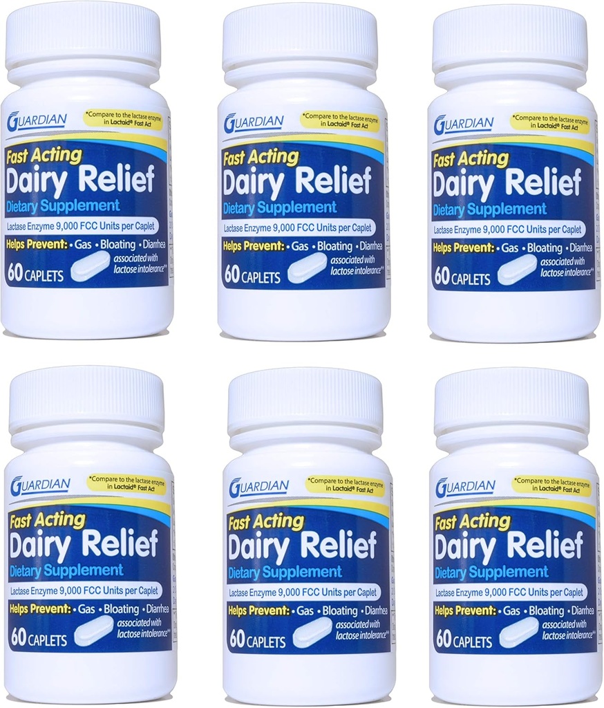 Guardian Dairy Relief Fast Acting Caplets, 9000 FCC, Lactose Intolerance Pills, Lactase Enzyme (360CT (Bottles))