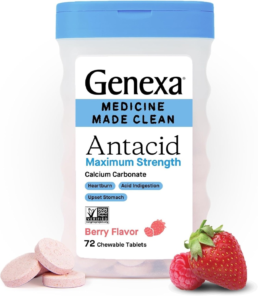 Genexa Clean Antacid Maximum Strength Chewable Tablets, Dye Free, 0% Artificial Additives, Calcium Carbonate Relief for Heartburn, Acid Indigestion, & Upset Stomach, Organic Berry Flavor, 72 ct