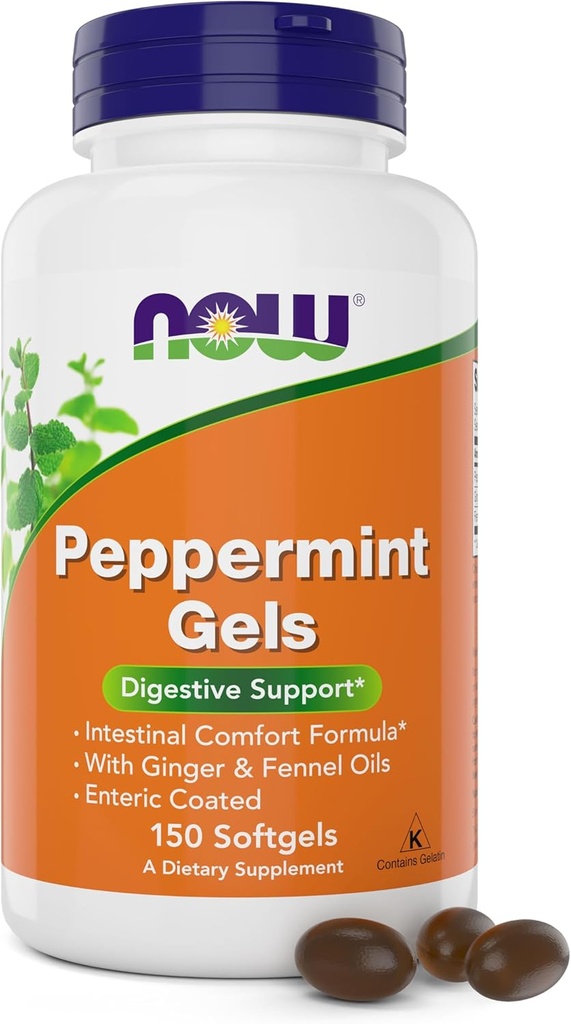 Now Peppermint Gels with Ginger Oil and Fennel Oil, 150 Softgels, Enteric Coated