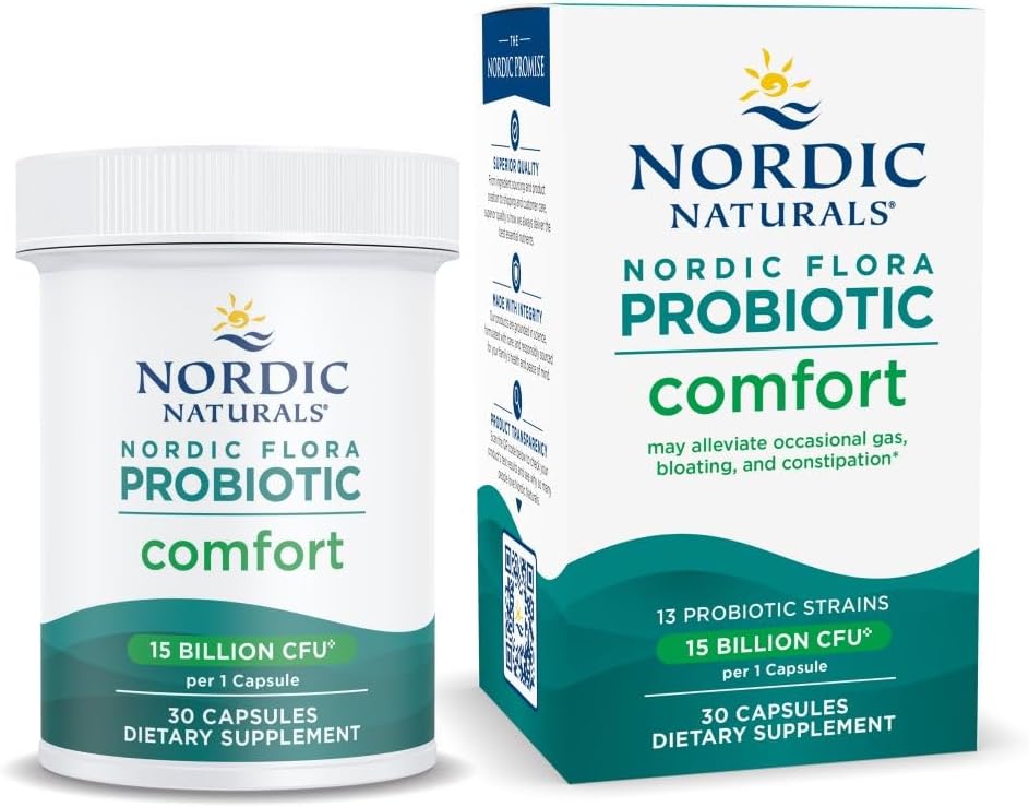 Nordic Naturals Nordic Flora Probiotic Comfort - 30 Capsules - 13 Probiotic Strains w/ 15 Billion Cultures - Supports Regularity & Digestive Comfort, Alleviates Bloating - Non-GMO, Vegan - 30 Servings