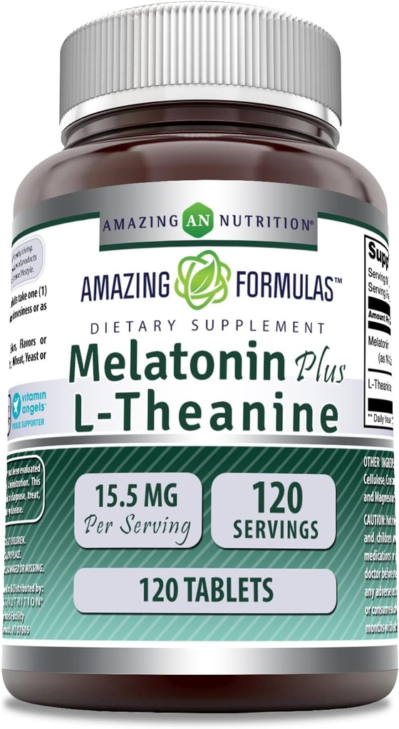 Amazing Formulas Melatonin 10 Mg Plus L-Theanine 5.5 Mg Supplement | Tablets | Non-GMO | Gluten Free | Made in USA | (1 Pack, 120 Tablets)