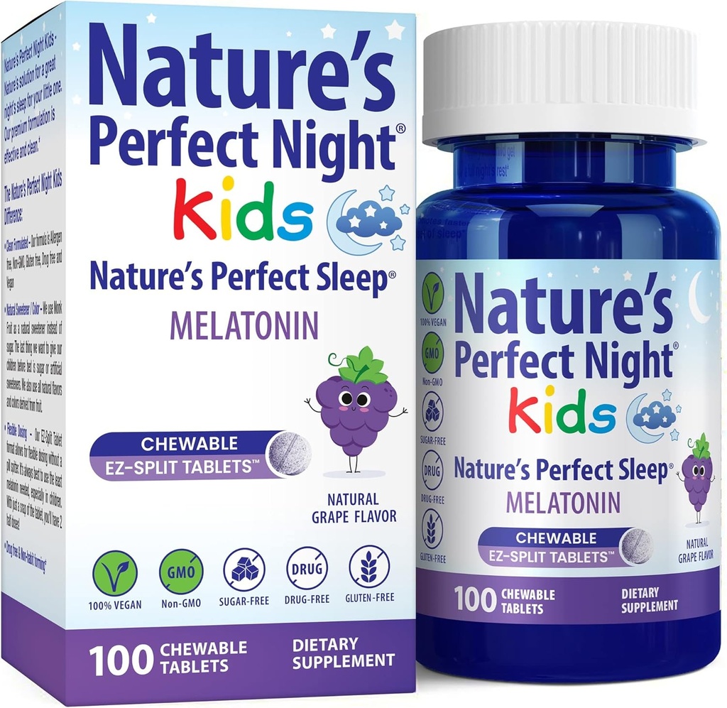Nature's Perfect Night Kids | Kids Melatonin 1mg | 100 Chewable Tablets | Natural Grape Flavor | Sugar Free | Vegan | Gluten Free | Drug Free | Value Size