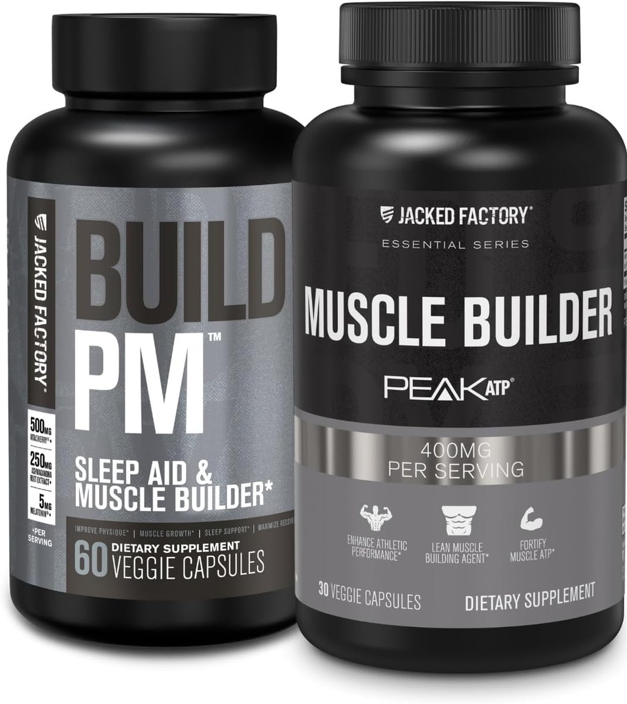Jacked Factory Build PM Night Time Muscle Builder & Sleep Aid (60 Capsules) & Essentials Muscle Builder - Daily Strength Builder for Men with Peak ATP (30 Capsules)