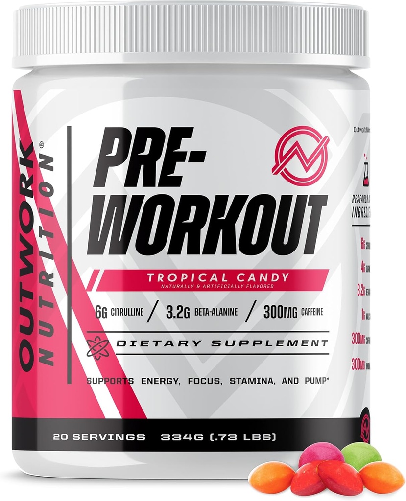 Outwork Nutrition Preworkout for Men & Women - Nootropic Pre Workout Without Creatine, Pre-Workout Powder with Taurine Rhodiola Citrulline Malate Beta Alanine Caffeine (Tropical Candy)