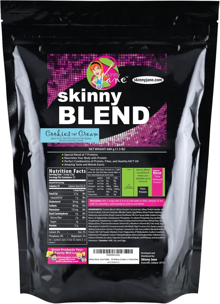 Skinny Blend – High Protein Shake for Women – Low Carb, Keto Friendly Meal Replacement – Satisfies Hunger & Boosts Energy – Creamy Cookies and Cream – 30 Shakes