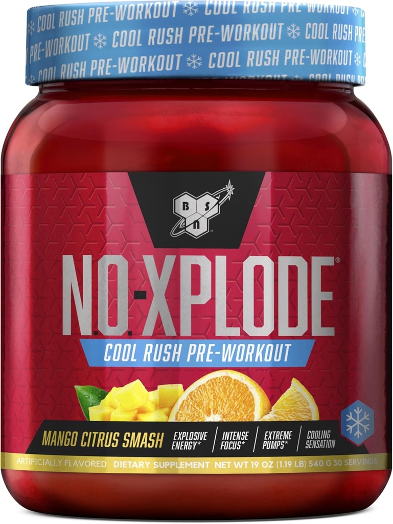 BSN N.O.-XPLODE Cool Rush Pre Workout Powder, Preworkout Energy Supplement for Men and Women with Creatine and Beta-Alanine, New Flavor: Mango Citrus Smash, 30 Servings