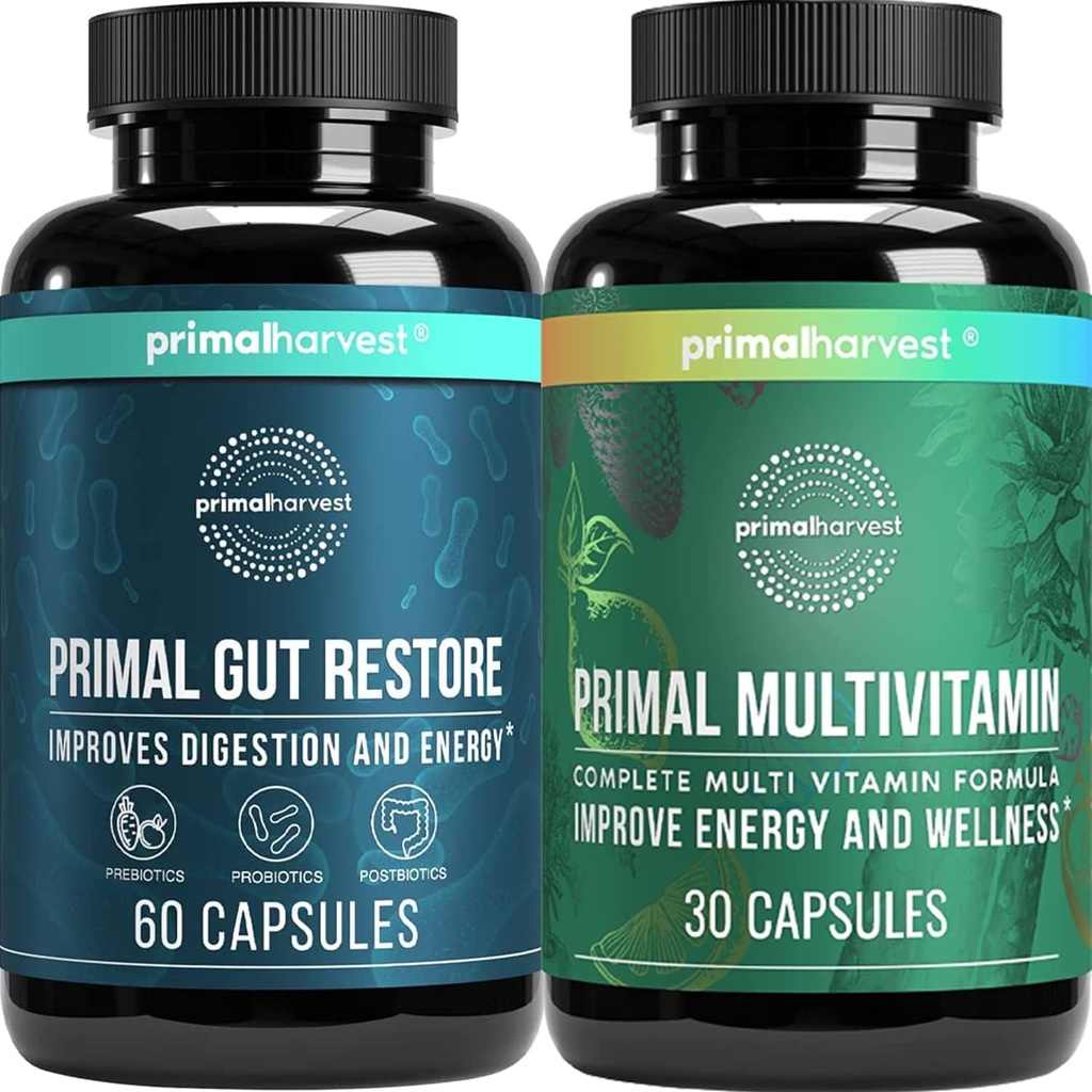 Primal Harvest Gut Restore & Multivitamin Supplements for Women and Men Multi Vitamin Capsules and Colon Cleanse Pills Bundle