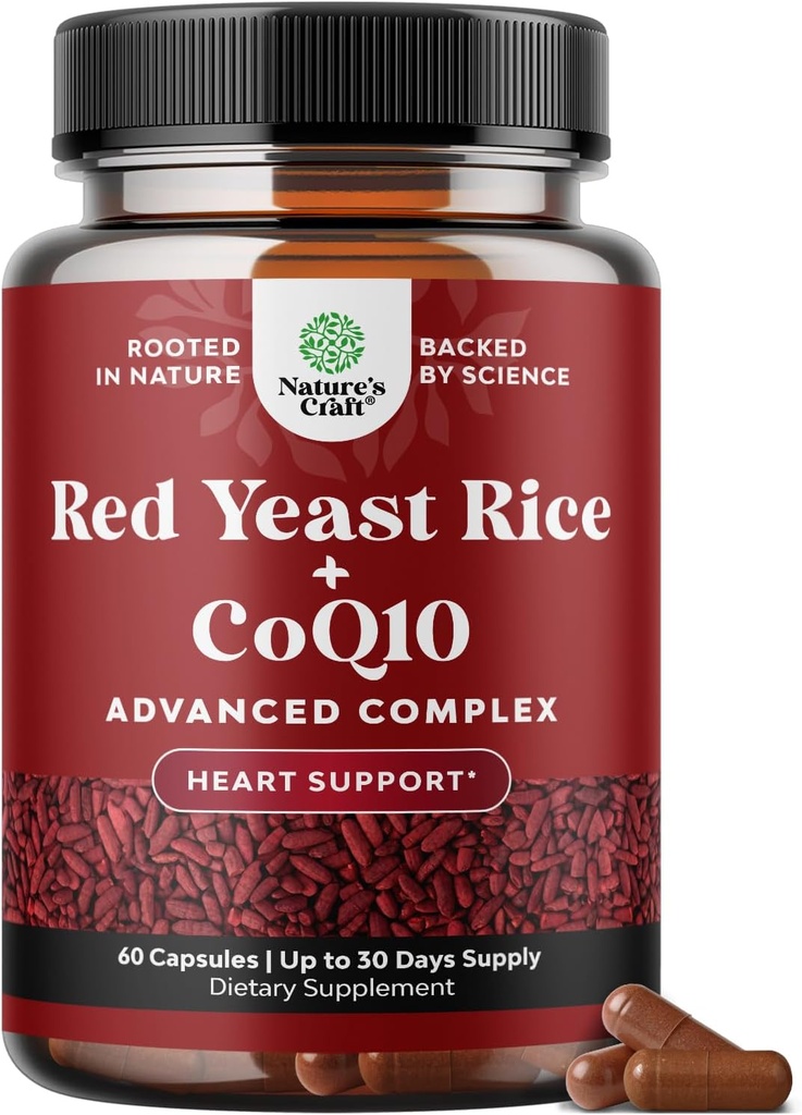 Red Yeast Rice with CoQ10 Supplement - Advanced Healthy Heart & Healthy Cholesterol Levels Formula for Men & Women - Extra Strength Capsule with Red Yeast Rice 1200 mg Capsules with CoQ10-60 Count