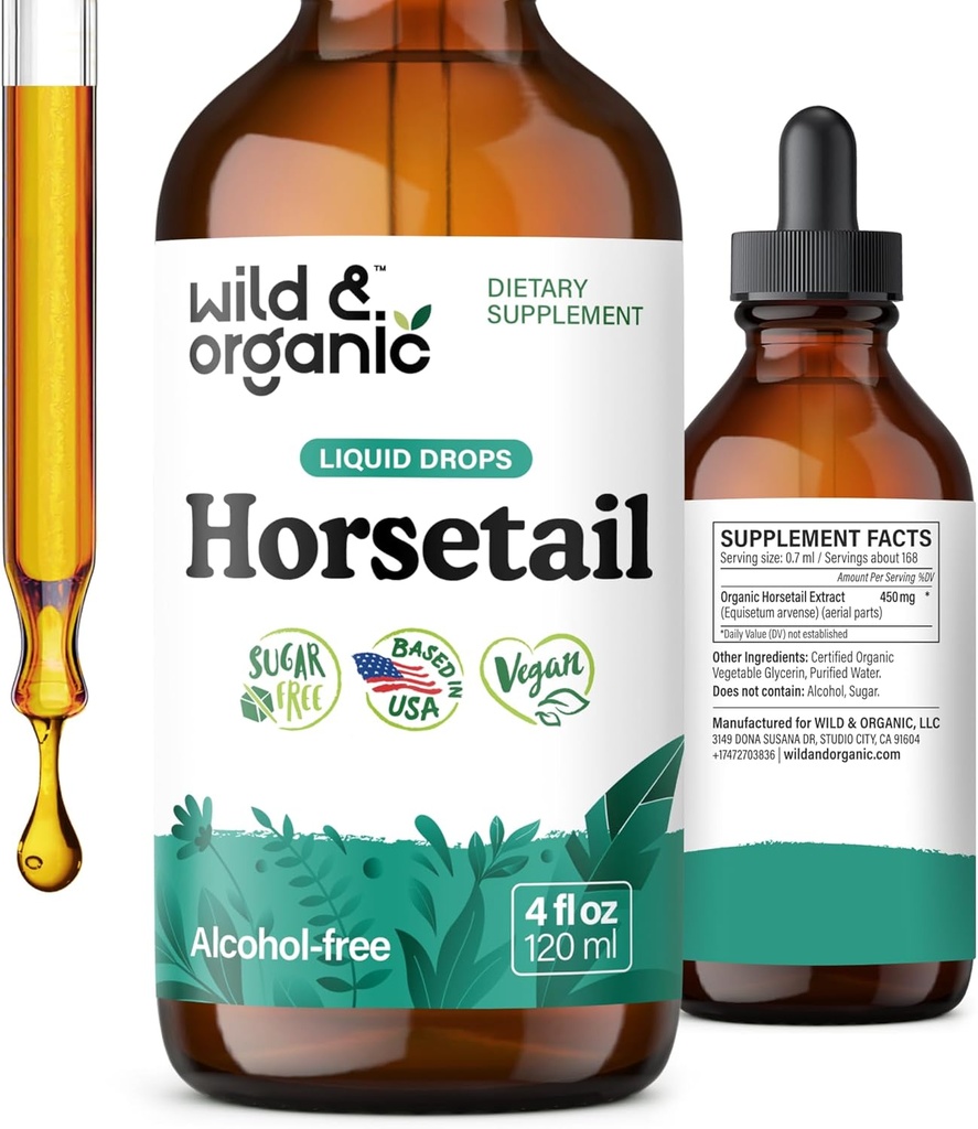 Wild & Organic Horsetail Herb Tincture - Hair Skin and Nails Support - Liquid Horsetail Supplement - Vegan, Sugar & Alcohol-Free Leaf Extract Drops - 4 fl oz
