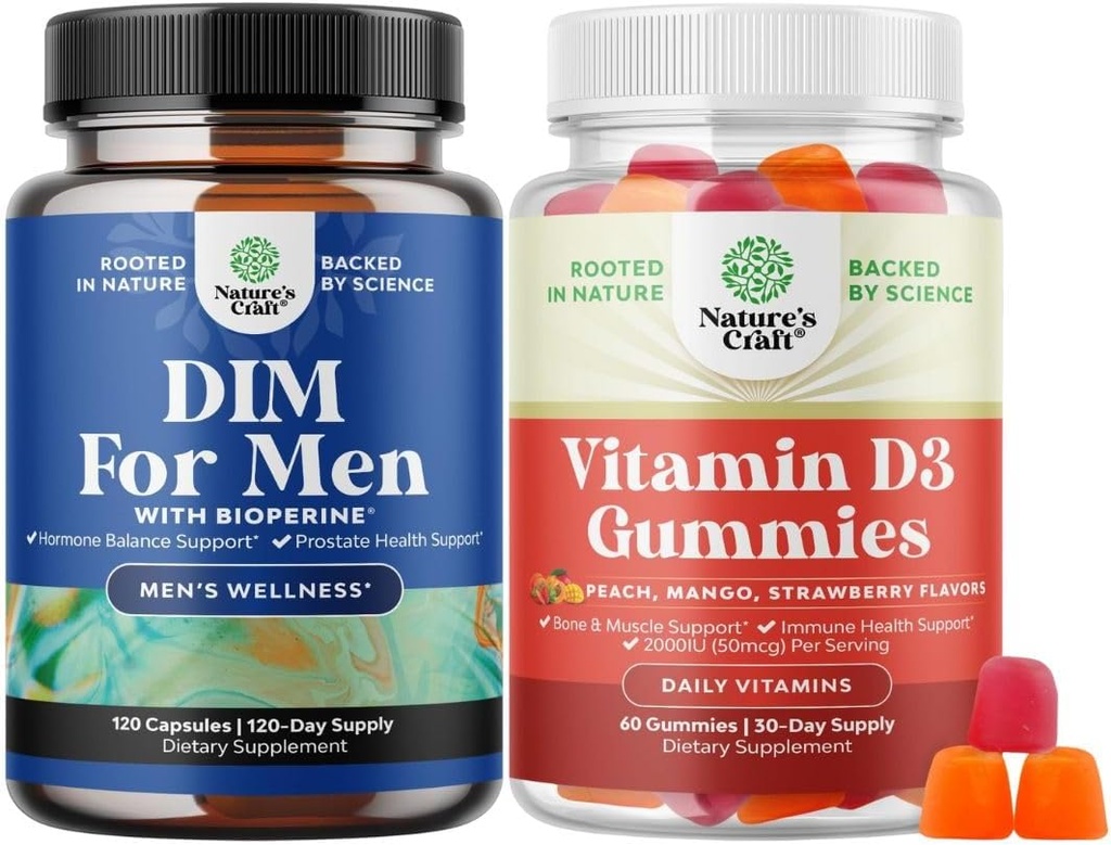Bundle of DIM Supplement for Men - Diindolylmethane Testosterone Complex with Panax Ginseng Bioperine and Vitamin D3 Gummies for Daily Wellness with 2000IU per Serving Bone Muscle & Immune Support