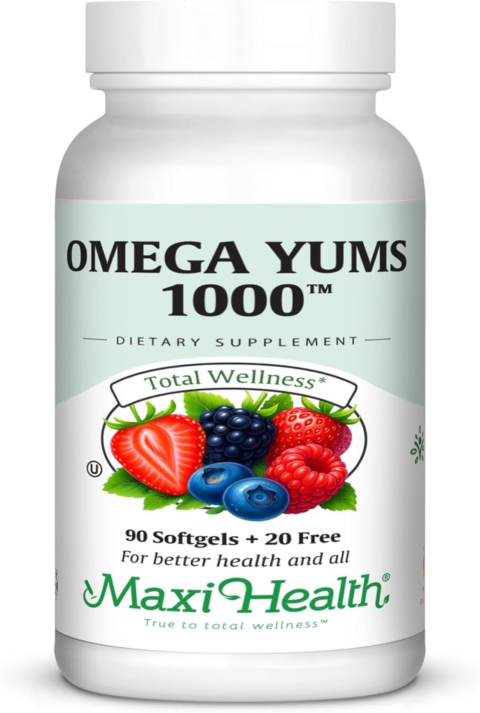 Maxi Health Omega Yums 1000 - Kid Friendly - Fruity Burst Flavor - 110 Softgel Capsules - Kosher