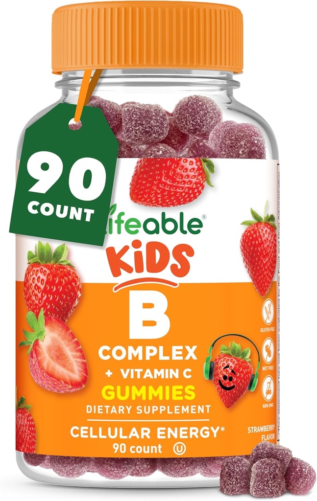 Lifeable Vitamin B Complex for Kids | with VIT C | Great Tasting B Complex Gummies | Vegan Kids B Complex | Energy and Nerve Support | 90 Gummies