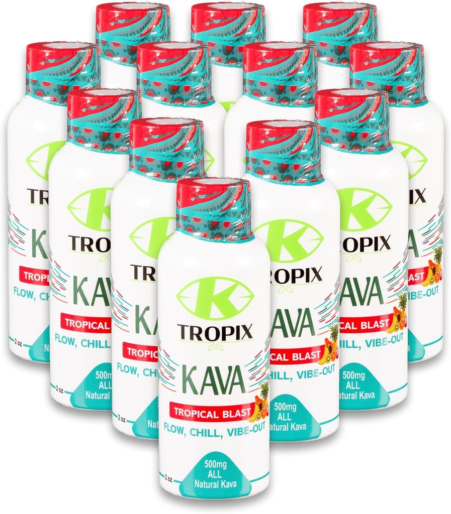 K-Tropix Kava Shot Tropical Blast - 500mg Wellness Shots to Promote Relaxation and Reduce Worry - Kava Drink - Worry, Tension, Strain Relief Supplement - 12 Pack