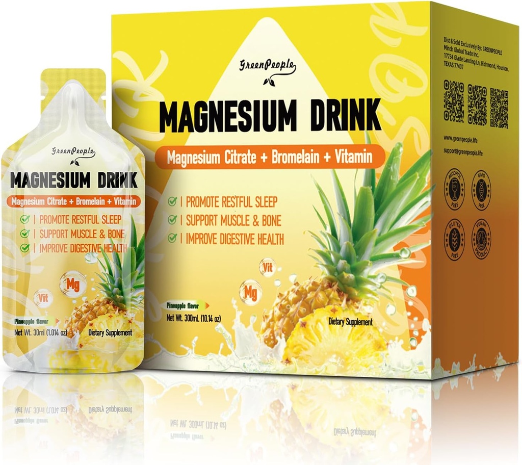 2 Pack GREENPEOPLE 7-IN-1 Magnesium Citrate Liquid, Magnesium Citrate Supplements Drink with 280mg Magnesium, Zinc, Bromelain, Vitamin C D3 B6, Muscle & Sleep Support for Kids & Adult, 1 fl.Oz (10Pcs)