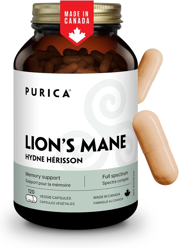 PURICA - Lion's Mane Micronized Mushrooms, 120 Vegan Capsules 60-Day Supply - Promotes Cognitive Health - Non-GMO and Gluten-Free - Focus and Memory Support - Brain Health and Improve Digestion
