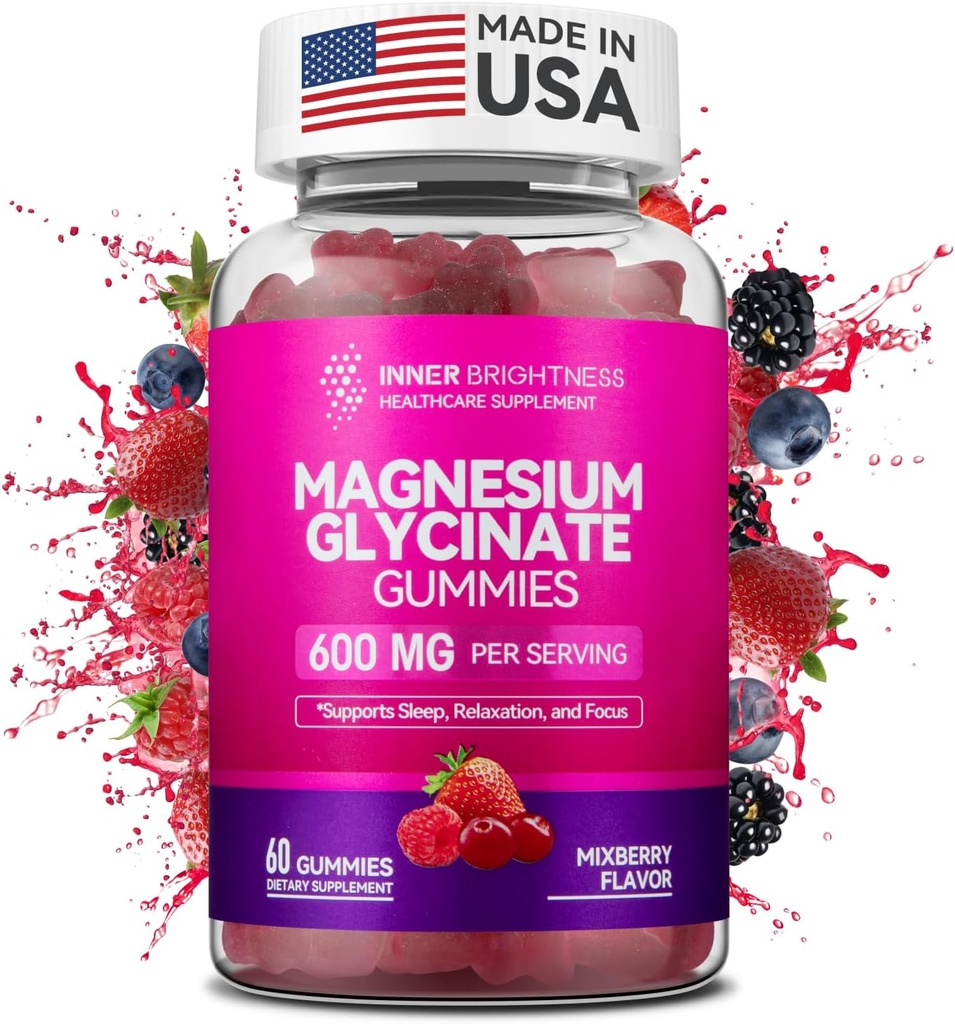 Magnesium Glycinate Gummies 600mg, Non-GMO, Gluten-Free, Magnesium Gummies for Adults & Kids, Sleep, Relaxation & Focus, Mixed Berry Flavor, 60 Count