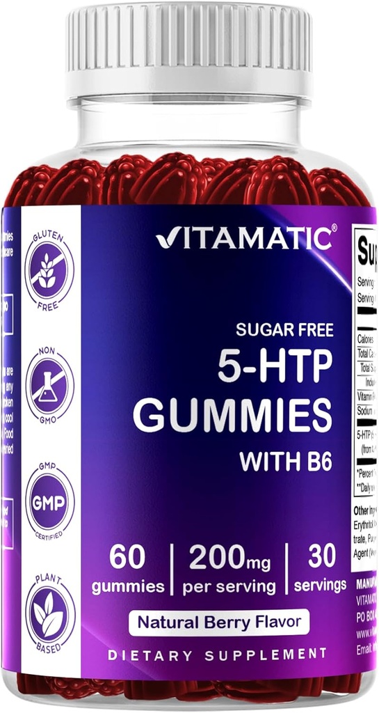 Vitamatic Sugar Free 5-HTP 200mg Gummies with B6 – 60 Pectin-Based Gummies – Mood Support & Stress Relief