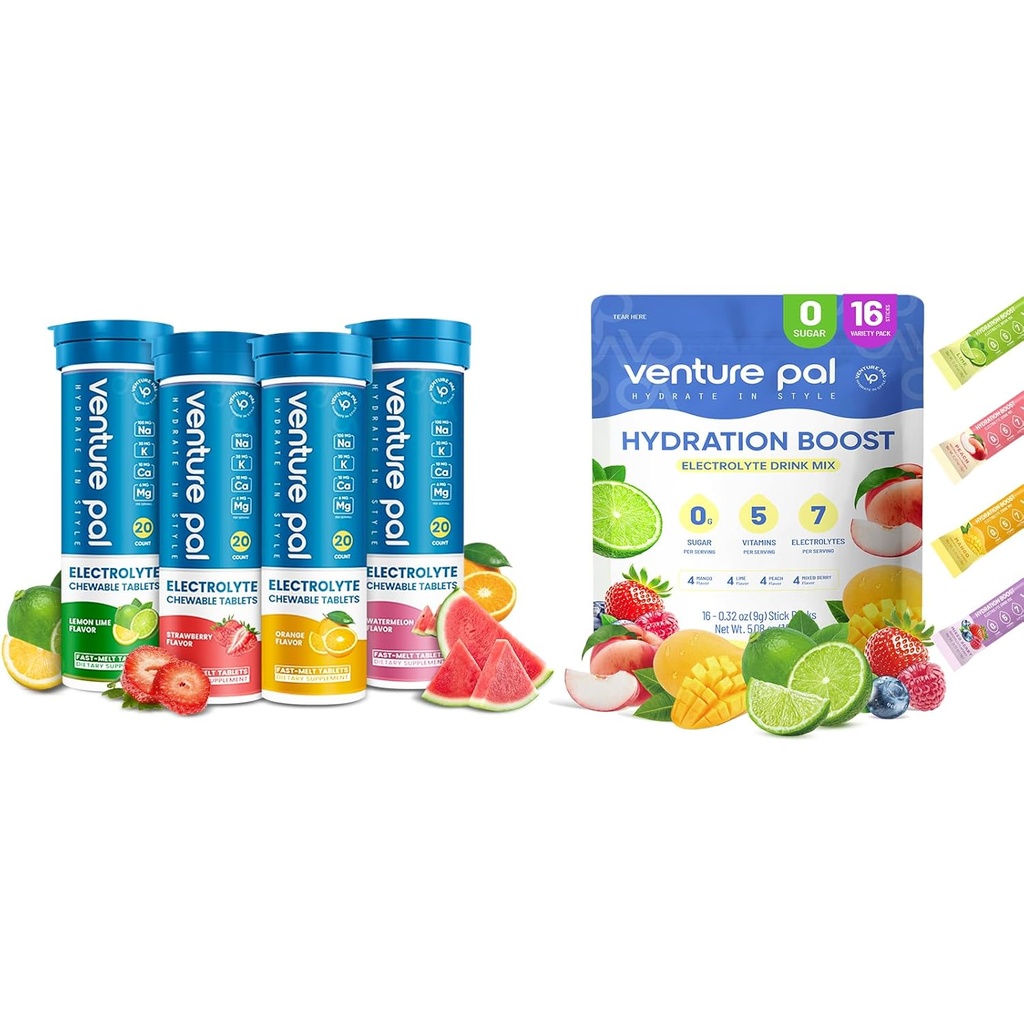 Venture Pal Sugar Free Electrolyte Powder Packets & Chewable Fast-Melt Electrolyte Tablets, Sport Electrolyte for Running Hiking Cycling Sports Nutrition