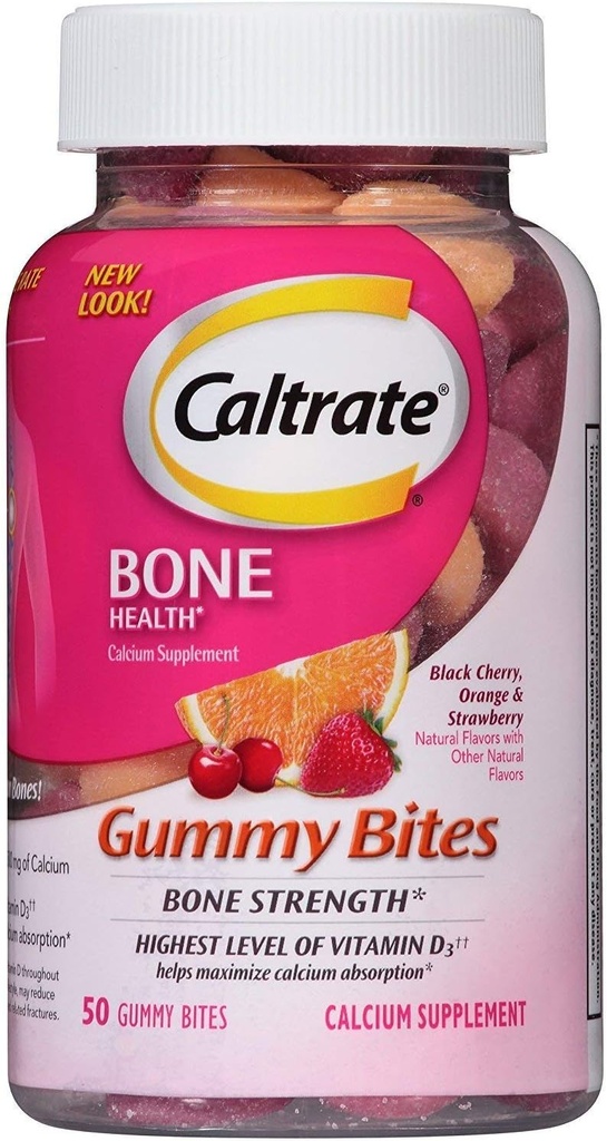 Caltrate Calcium & Vitamin D3 Supplement Gummy Bites Black Cherry, Orange, Strawberry - 50 Ct., Pack of 6