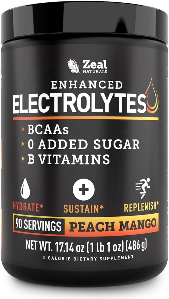 Zeal Electrolyte Powder - 90 Servings | Keto Electrolytes Powder | Zero Sugar, BCAAs, B-Vitamins | Potassium, Zinc, Magnesium | Hydration Powder Recovery Drink | Peach Mango