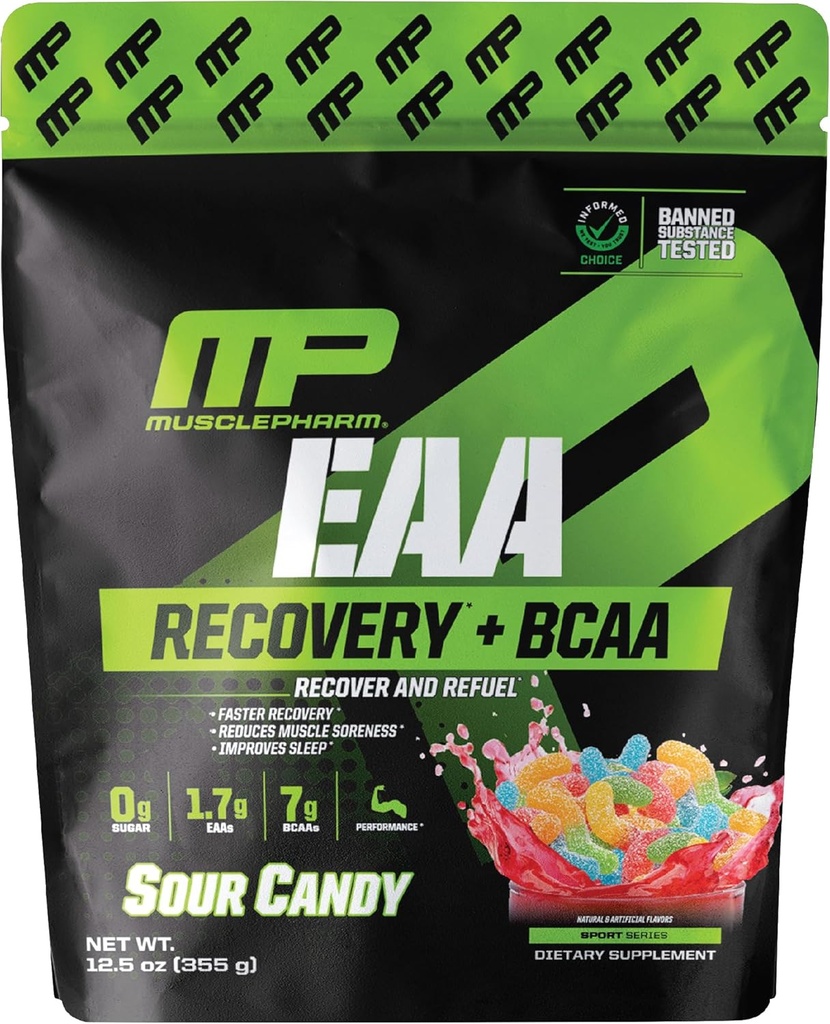 MusclePharm EAA Recovery + BCAAs, Post Workout Essential Amino Acids Powder, Pre Workout Energy Supplement for Men & Women with Branched Chain Amino Acids, 30 Servings (Sour Candy)