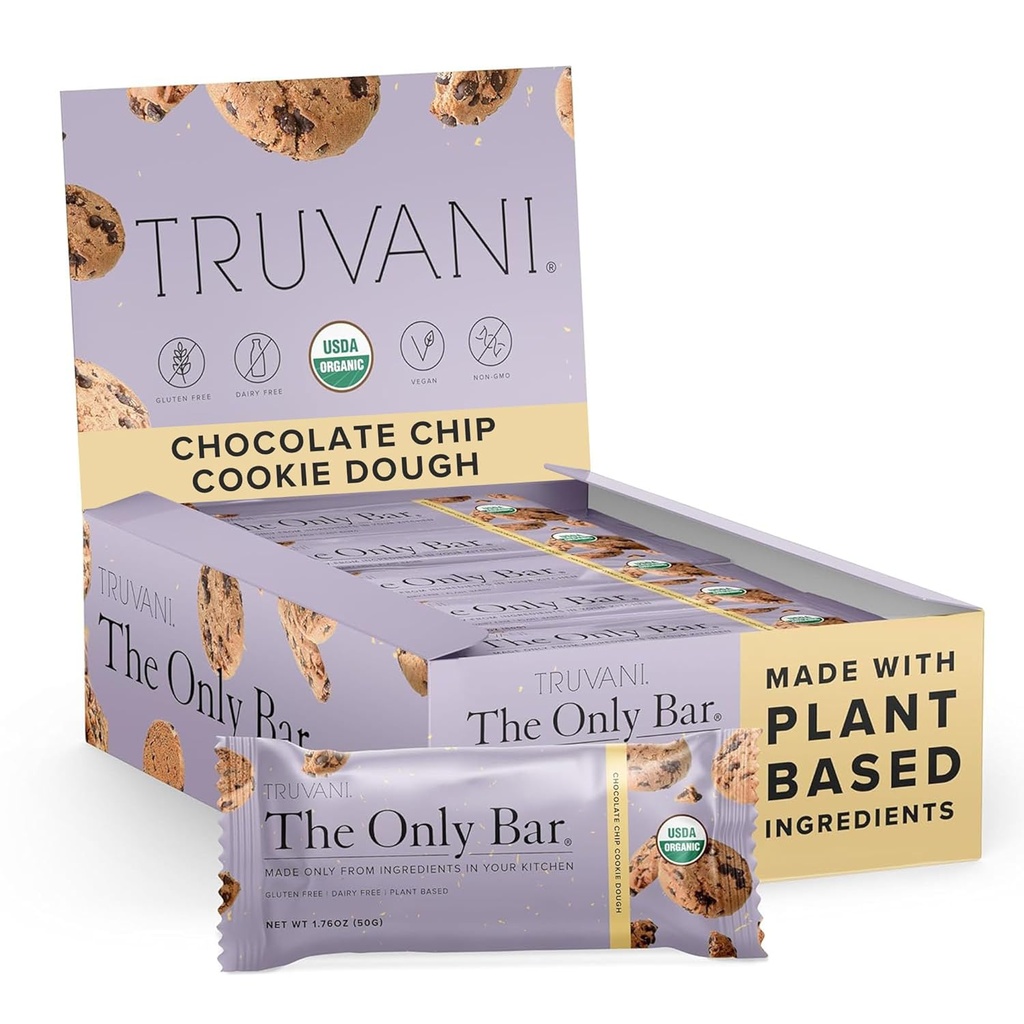 Truvani Plant Based Snack Bars | Chocolate Chip Cookie Dough 12 Pack | 5g Protein | USDA Organic and Vegan | The Only Bar | Dairy, Soy, and Gluten Free | Individually Wrapped