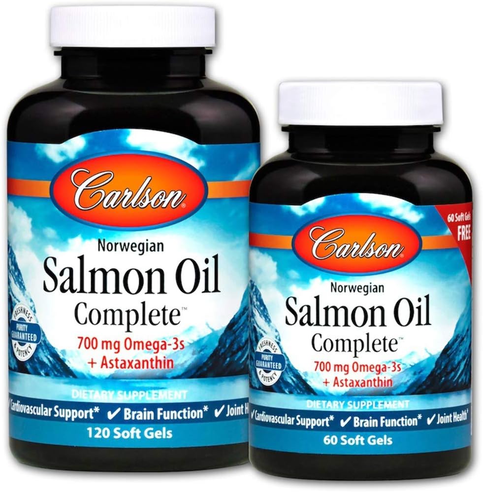 Carlson - Salmon Oil Complete, 700 mg Omega-3s + Astaxanthin, Norwegian, Heart, Brain & Joint Health, 120+60 Softgels