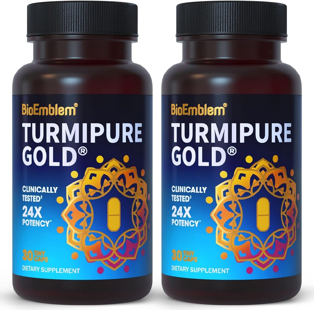 BioEmblem Turmeric Curcumin with Clinically Studied TurmiPure - 1 Small Cap Daily, 24x More Absorption Than Others - Non-GMO - Joint Support, Healthy Inflammation Turmeric Supplements, 60 Serving