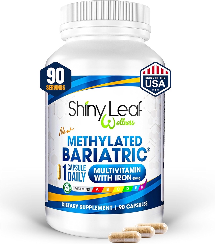 Shiny Leaf Methylated Bariatric Multivitamin with Iron 45mg – Once Daily Capsule, Made in USA, ASMBS Compliant Bariatric Vitamins for Gastric Bypass & Gastric Sleeve, for Men & Women – (90 Count)