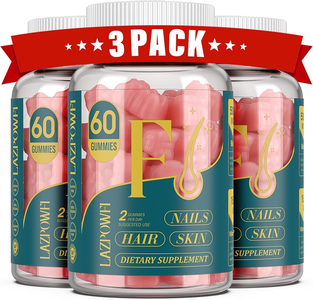 Biotin Gummies -Hair Skin and Nails Vitamins for Men & Women, Vegan Vitamin B7, Supports Hair Growth and Stronger Nails,90 Day Supply-Raspberry-3 Pack