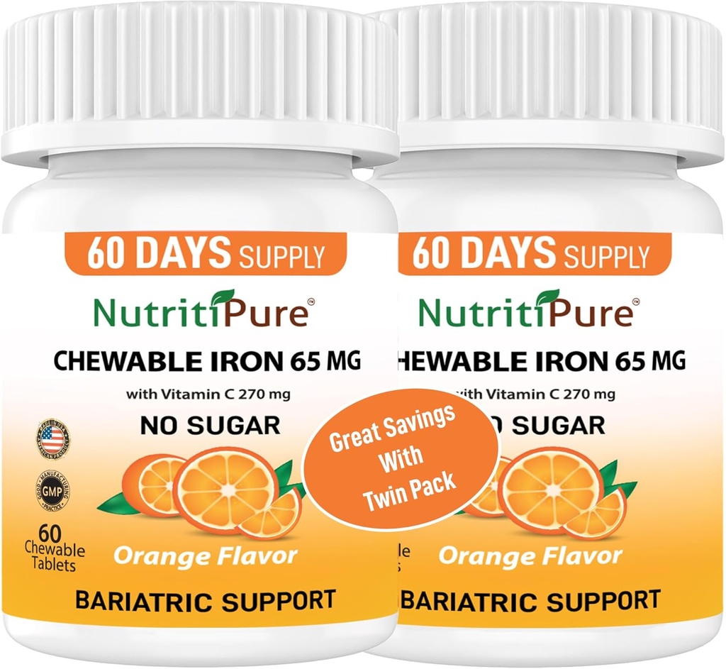 Chewable Iron 65 mg with Vitamin C 270 mg - Tablet in Orange Flavor 60 Count (2)