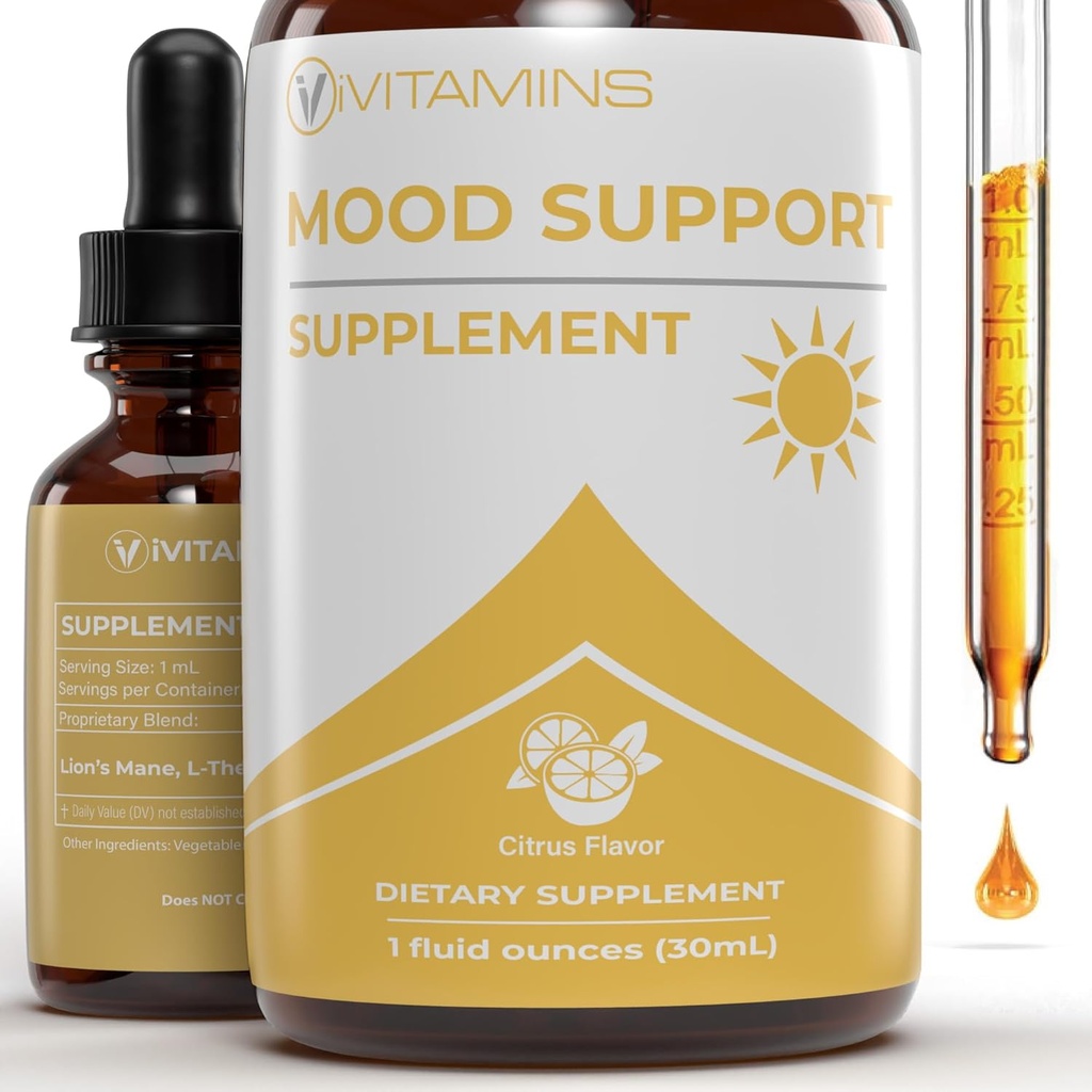 Mood Support Supplement | May Help to Improve Mood, Reduce Stress, Enhance Cognitive Function & More | Stress Relief Supplement | L Theanine | Lions Mane Supplement | L Theanine Supplement | 1 fl oz