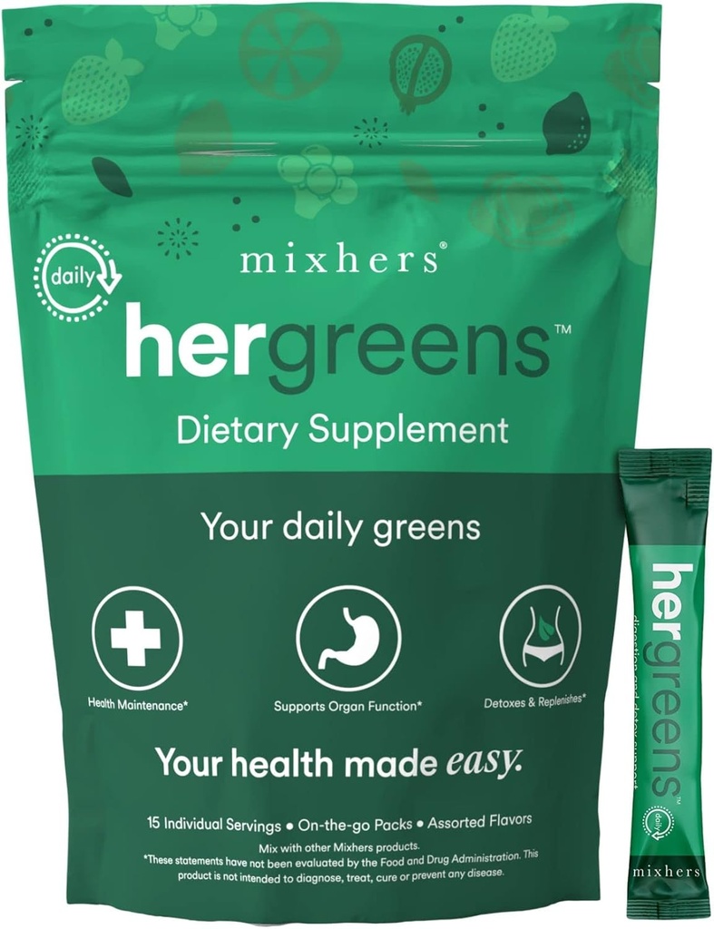 MIXHERS Hergreens - Greens & Veggie Powder - Made from Whole Foods - with Digestive Enzymes & Kale - Nutrition Designed for Women - Support Heart & Liver - 15 Drink Packets - Apples & Pomegranate