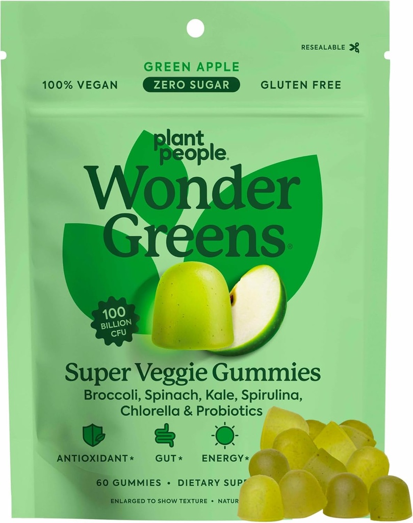 Plant People WonderGreens Veggie Gummies Super Greens with Probiotics Multivitamin Support Gummy for Wellbeing, Energy, Immune and Gut Health, Green Apple Flavor (60 Count)