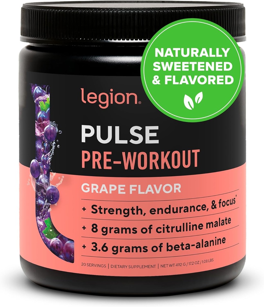 LEGION- All Natural Nitric Oxide Preworkout Drink to Boost Energy, Creatine Free, Naturally Sweetened, Beta Alanine, Citrulline, Alpha GPC (Grape)