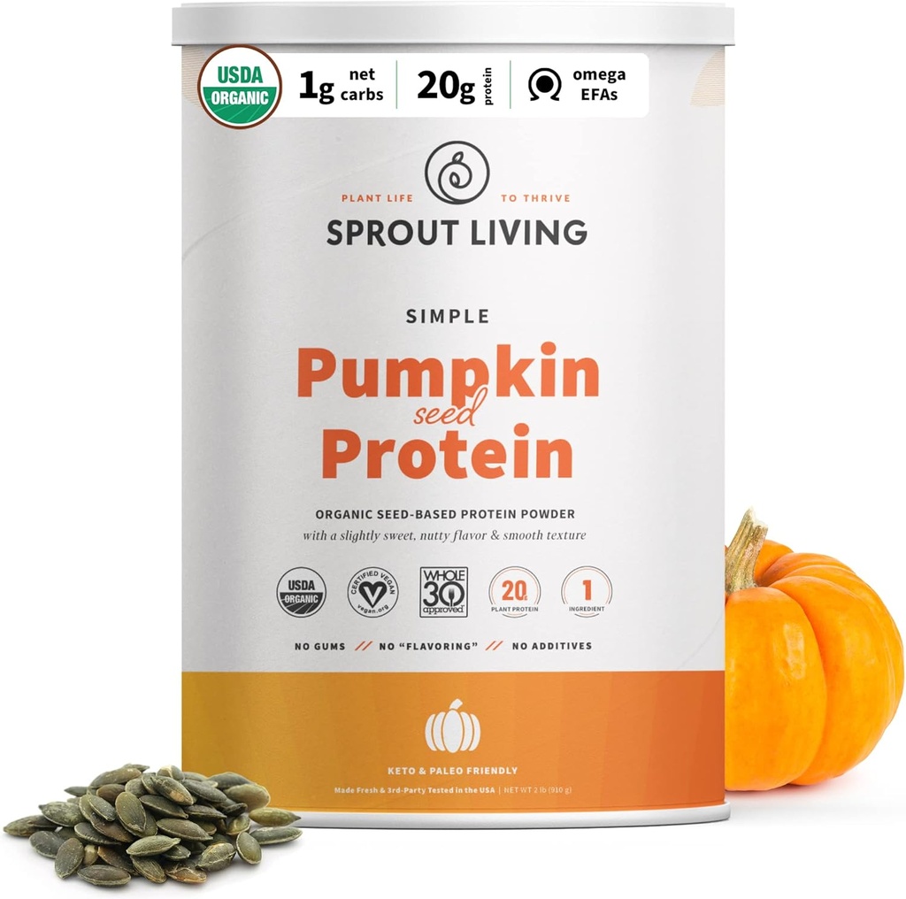 Sprout Living Organic Pumpkin Seed Protein Powder, Unflavored, 20 Grams of Plant Based Protein Powder Without Artificial Sweeteners, Non Dairy, Non-GMO, Vegan, Gluten Free (2 Pound, 30 Servings)