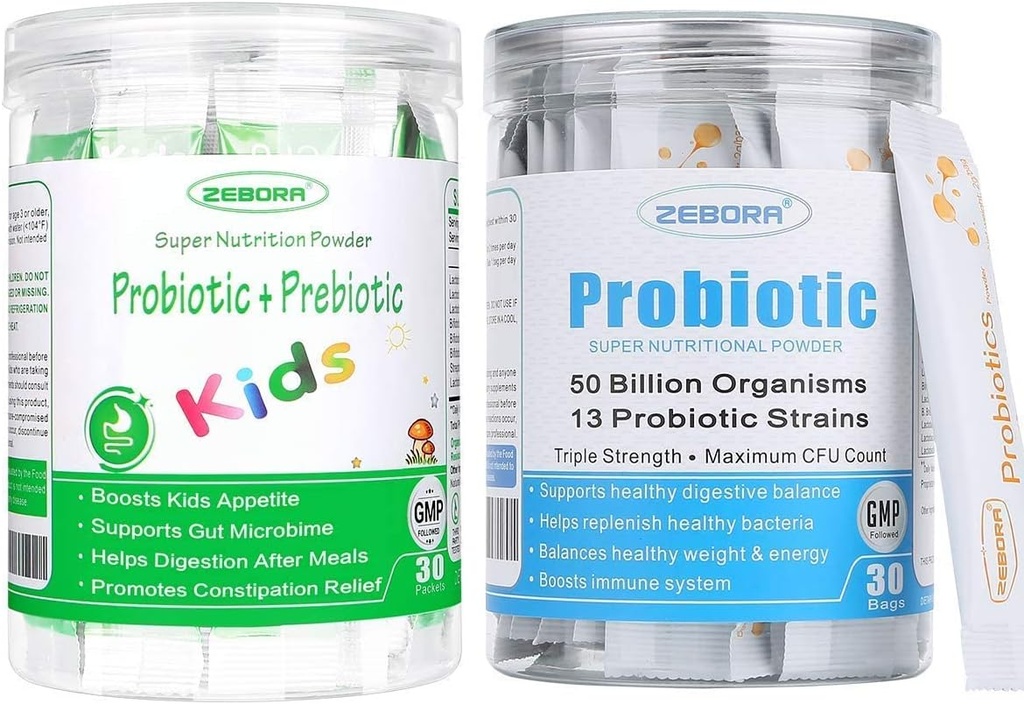 ZEBORA Probiotics for Women, Men and Kids Age 3+, Prebiotics and Probiotics Powder for Digestive and Immune Health – Support Healthy-Respiratory-System Gluten Free and Non GMO, 30 Bags
