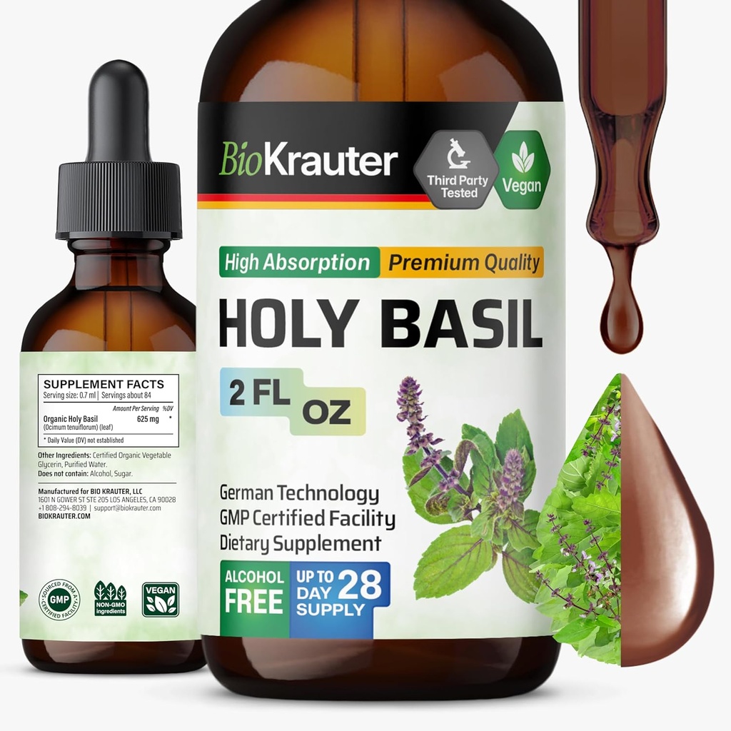 BIO KRAUTER Holy Basil Tincture - Tulsi Powder Liquid Extract - Supports Calmness and Relaxation - Ursolic Acid Supplement - Alcohol and Sugar Free - Vegan Drops 2 Fl.Oz.