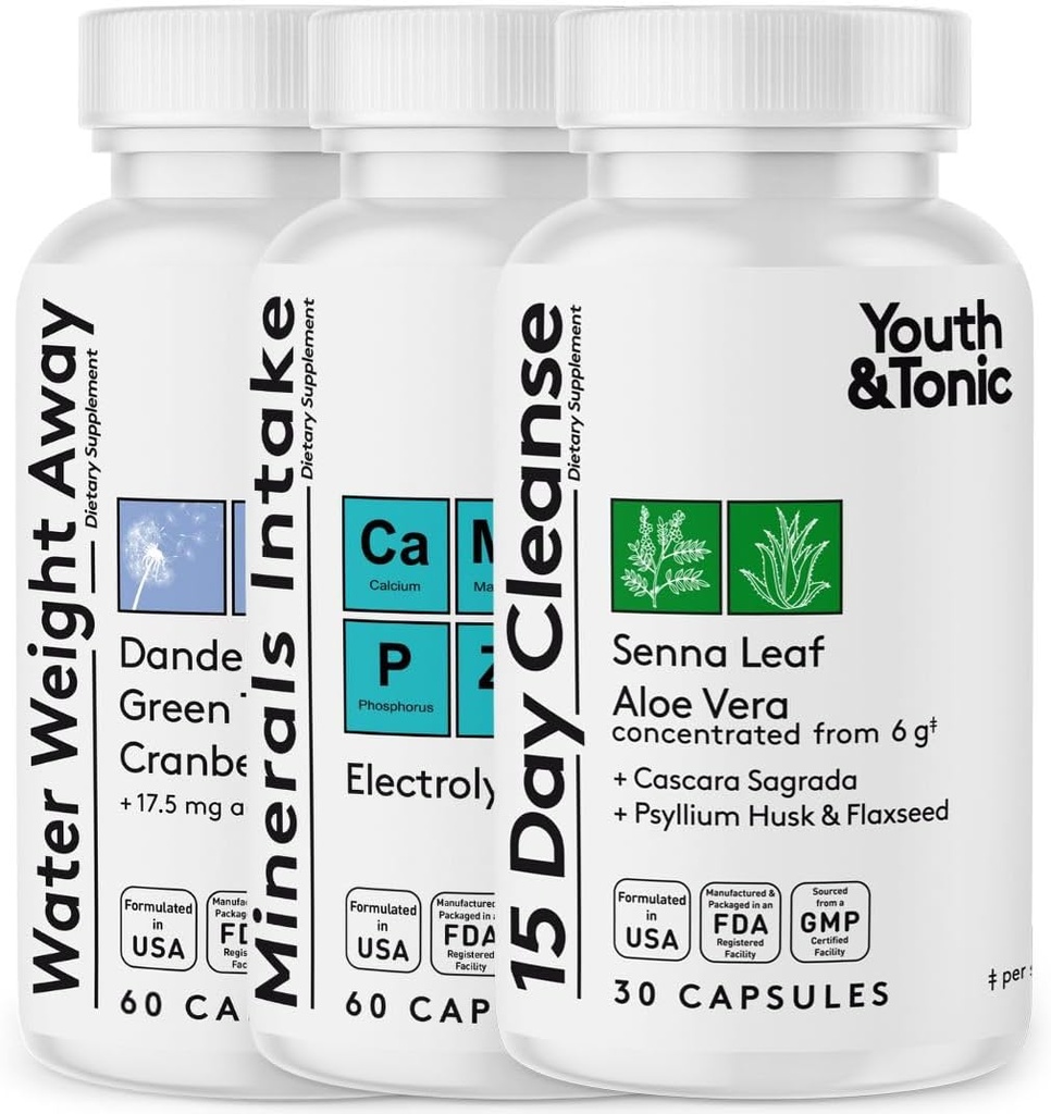 Youth & Tonic Water Weight Away and 15 Day Cleanse Bundle, Packed with Replenish Electrolytes to Support Hydration While Using Diuretics