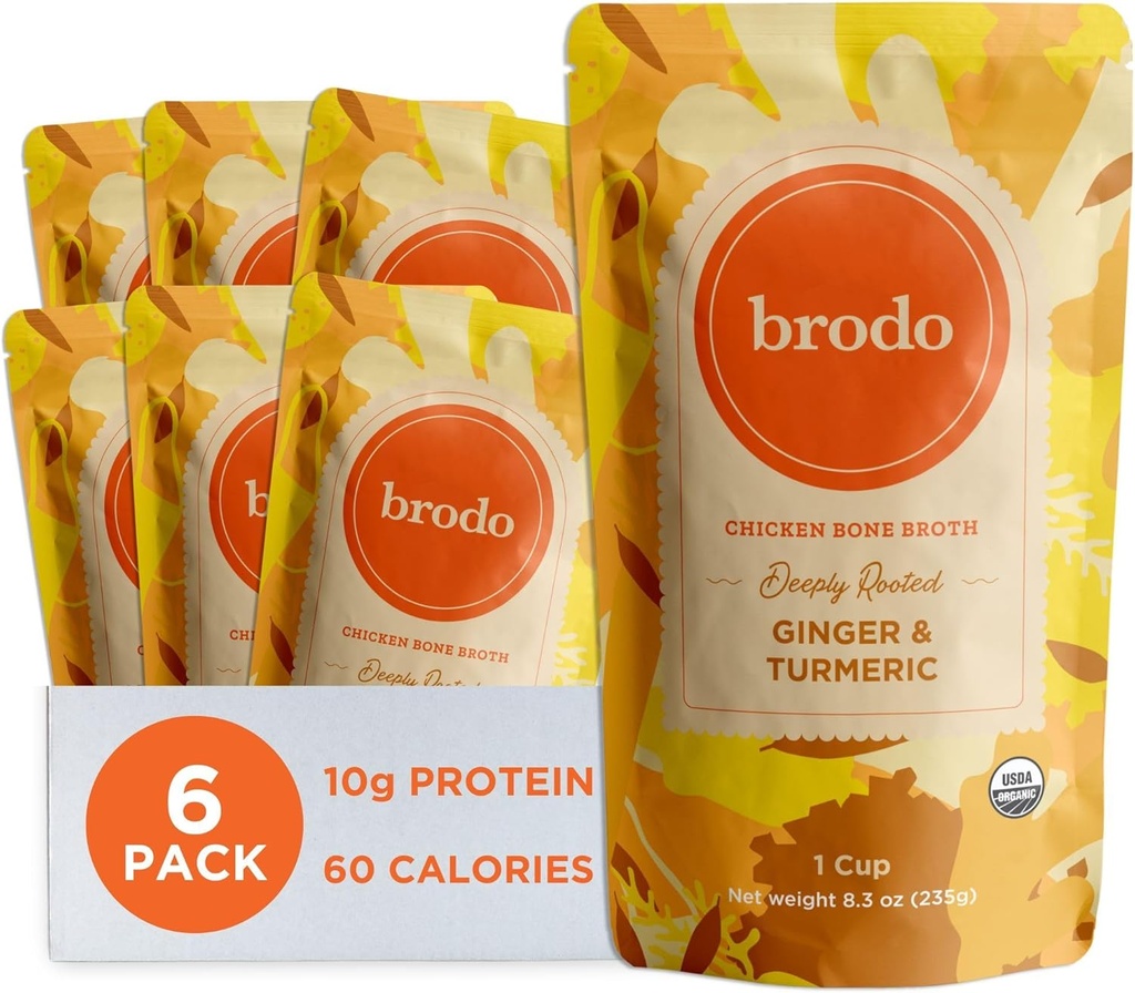 Brodo Deeply Rooted Organic Chicken Broth with Turmeric & Ginger, Nutrient-Rich Chicken Bone Broth Organic, High in Protein and Collagen for Wellness and Cooking, (6X 8.3 oz. Pouches)