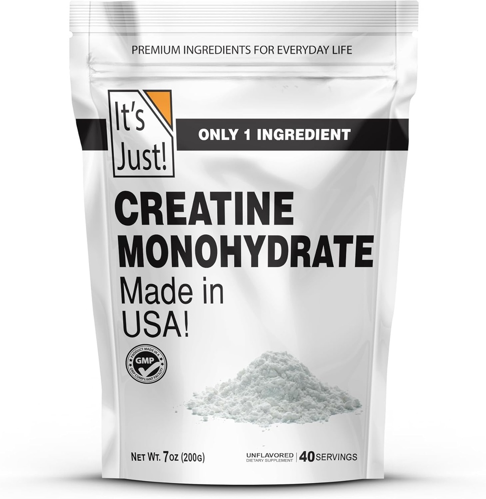 It's Just! - Creatine Monohydrate Powder, Pure Creatine Powder, Made in USA, 3rd Party Lab Tested, 5g Per Serving, Scoop Included, No Fillers, No Added Flavor (Unflavored, 200g / 40 Servings)