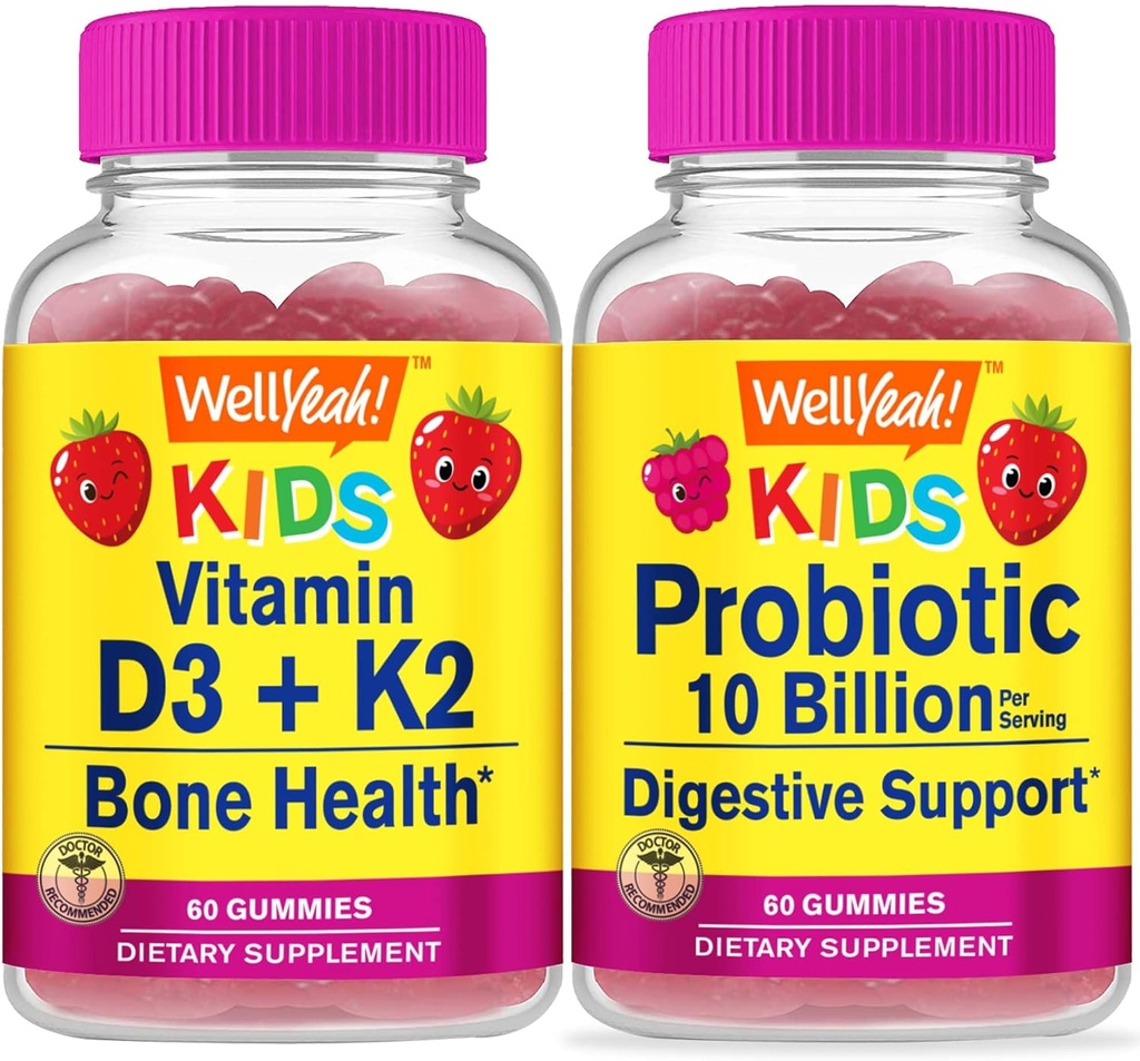 WellYeah Vitamin D3+K2 Kids + Probiotics 2B Kids, Gummies Bundle - Great Tasting, Vitamin Supplement, Gluten Free, GMO Free, Chewable Gummy