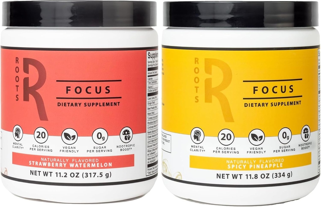 Silver Star Nutrition, Roots Focus Nootropic Brain Supplement - Strawberry Watermelon & Spicy Pineapple- Lion's Mane, Cordyceps, & Reishi Functional Mushrooms + Extended-Release Caffeine, 100 Servings