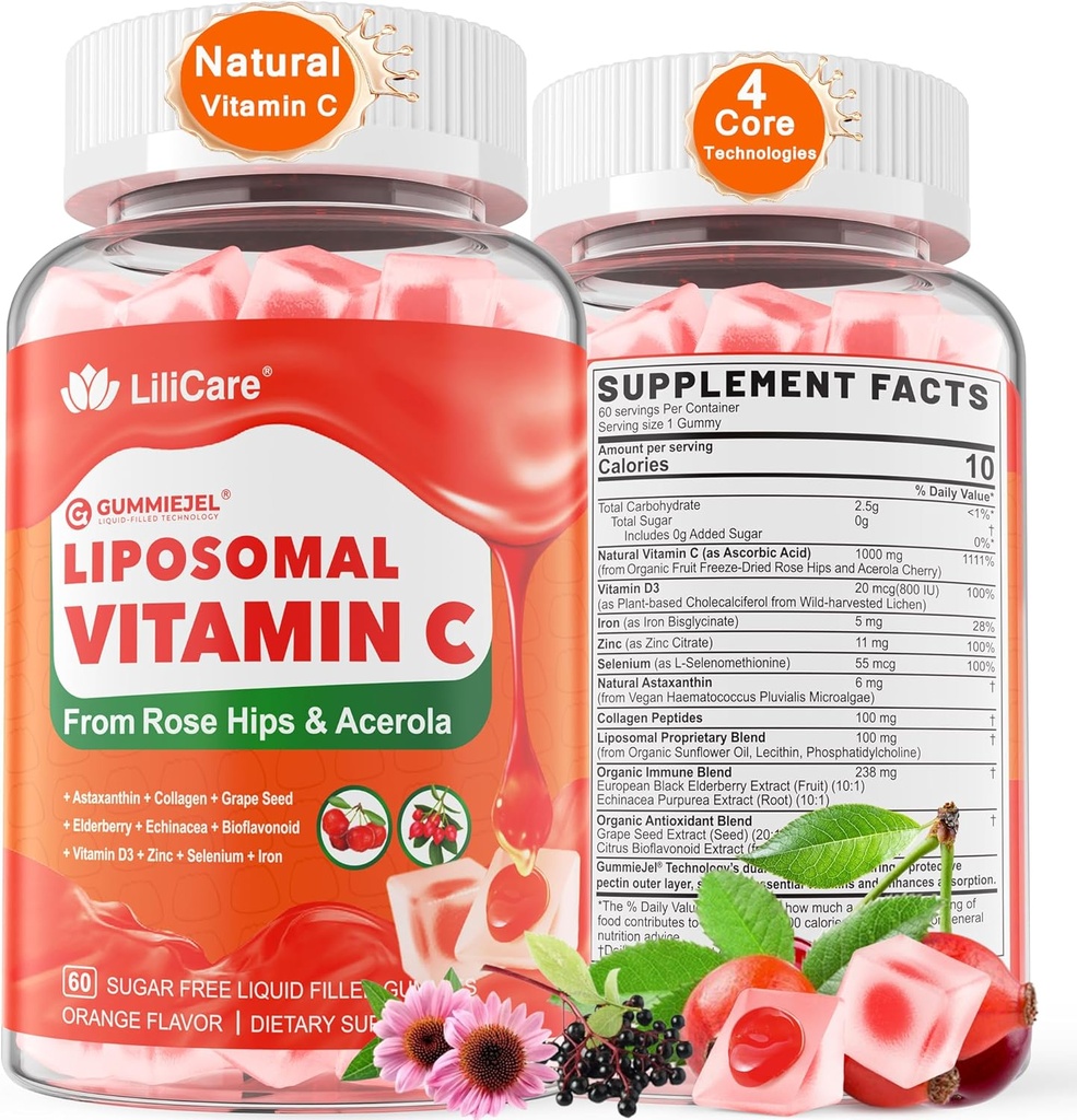 Natural Liposomal Vitamin C 1000mg Gummies for Adults Kids 9+, 1660mg Chewable Vitamin C w/ 11mg Zinc, D3, Elderberry, Echinacea, Bioflavonoid, Immune Support - Organic VIT C from Fruits, Sugar Free