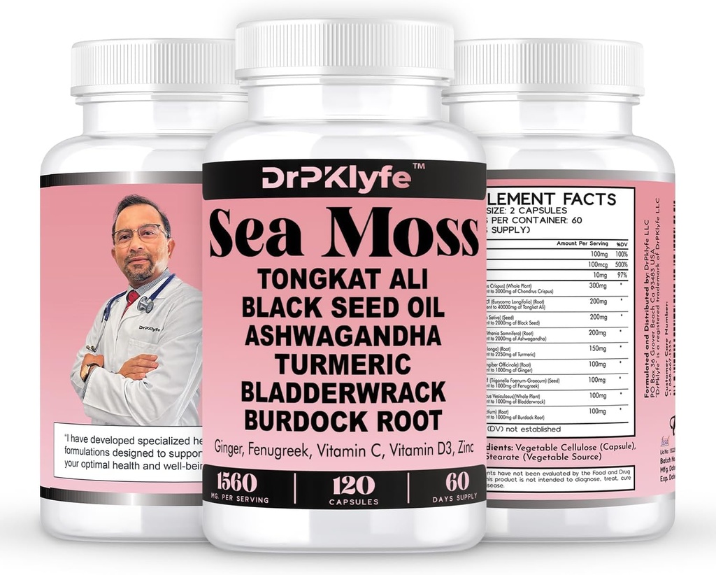 Sea Moss Capsules for Energy, Thyroid & Muscle Support – Includes Black Seed Oil, Ashwagandha, Ginger, Burdock Root, Tongkat Ali – 120 Capsules (60-Day Supply)