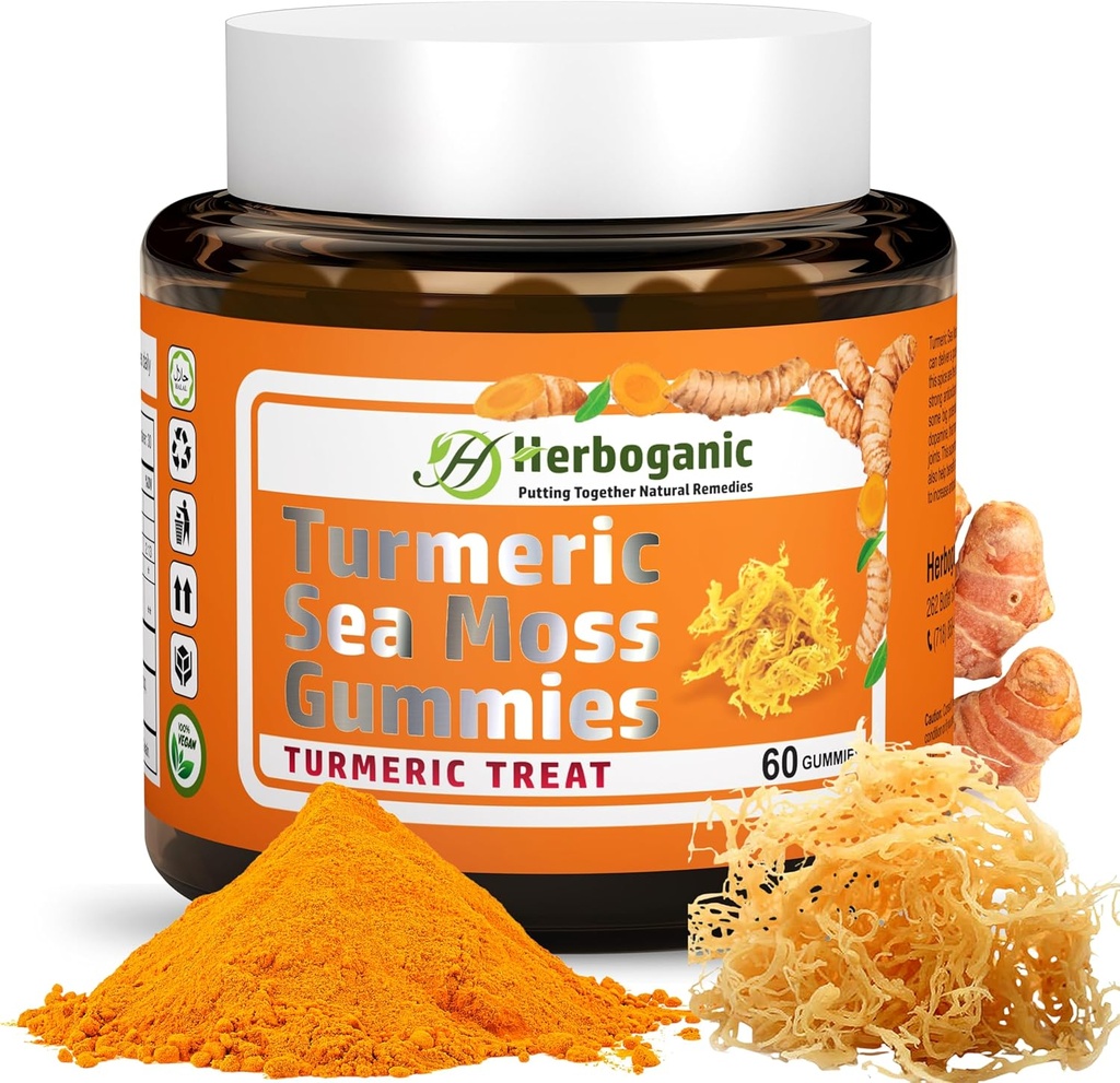 HERBOGANIC Turmeric Sea Moss Gummies - Natural Dietary and Herbal Supplement for Skin and Energy Support with Sea Moss, Boost Immune System - 60 Gummies