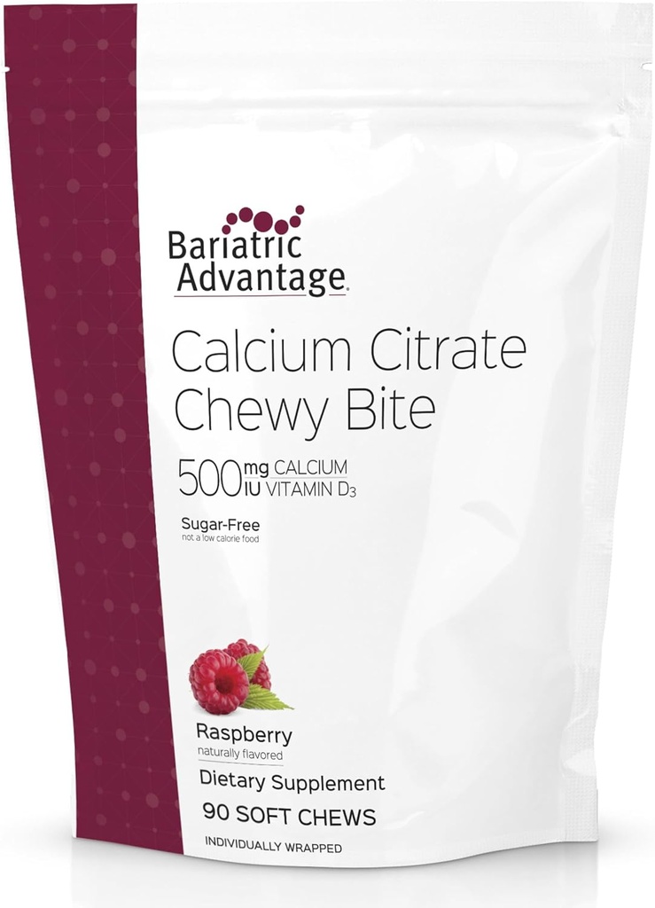 Bariatric Advantage Calcium Citrate Chewy Bites 500 mg with Vitamin D3 - Chewable Supplement for Bariatric Surgery Patients - Sugar-Free Calcium Chews - Raspberry - 90 Count