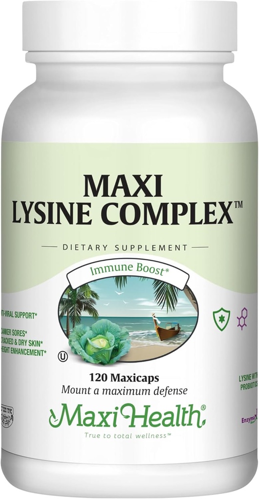 Maxi Health Lysine Complex with Probiotics - L-Lysine 1000mg for Protein Synthesis Canker Sores, and Skin – 60 Capsules